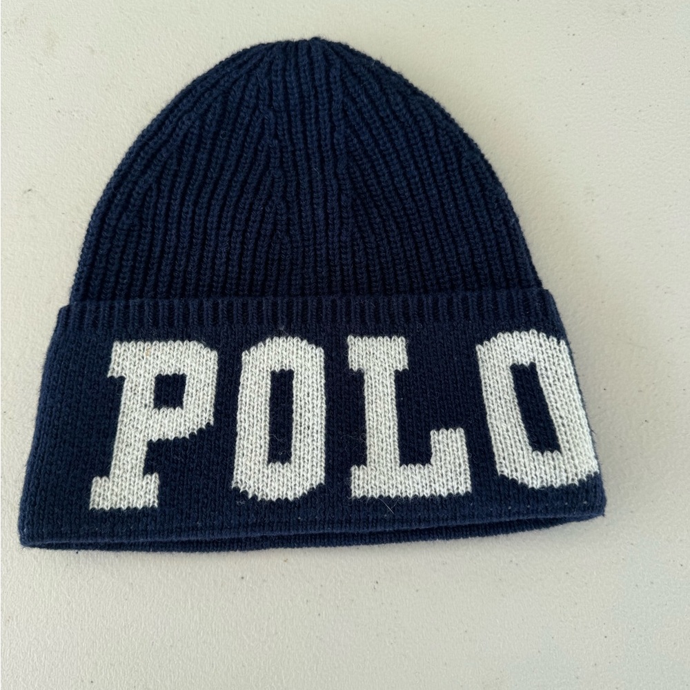 New Ralph Lauren Blue and White Knit Beanie Hat no tags